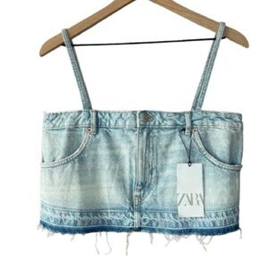 Women's M NWT Zara Skirt Effect Crop Denim Spaghetti Straps Jean Tank Top